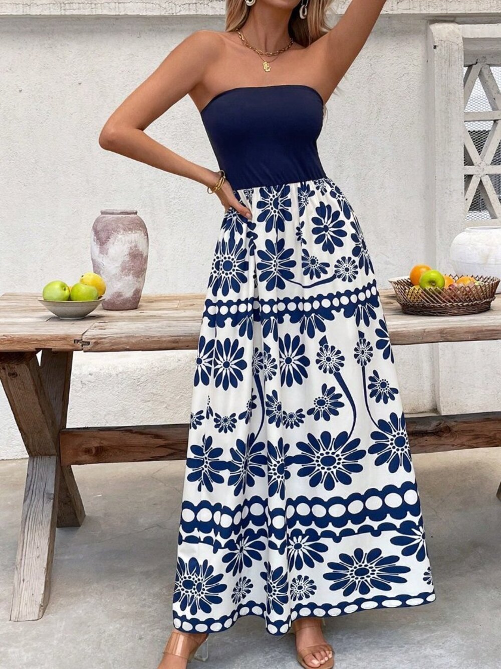 Blue Boho Women's Strapless Long Floral Dress - Picture 3 of 7